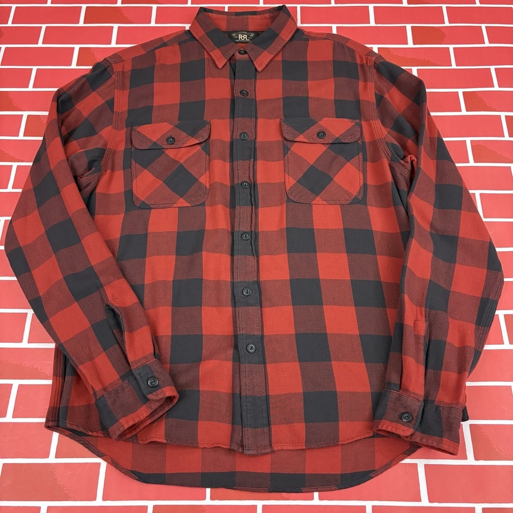 RRL Ralph Lauren Plaid Shirt Mens Large Red Cotton Flannel Button-Up Casual